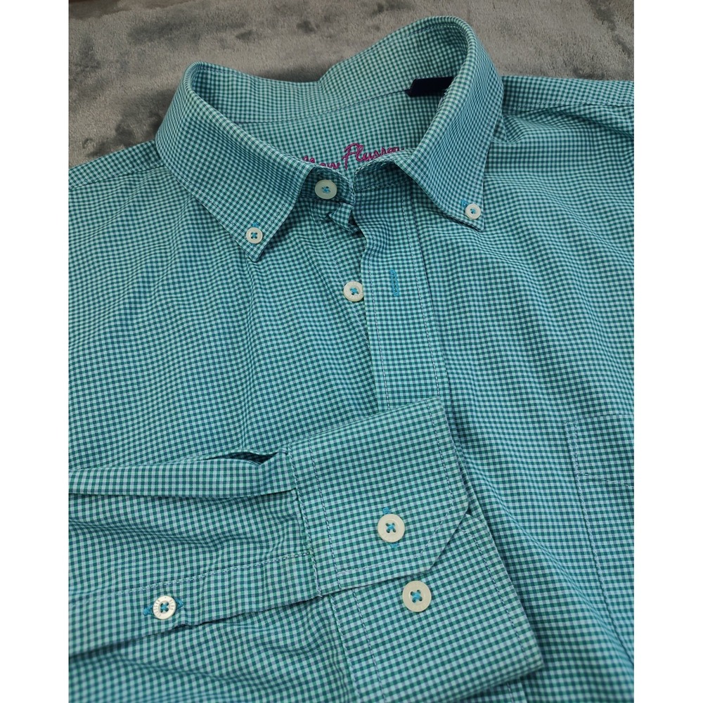 Alan Flusser Mens XL Teal Gingham Check Cotton Button Down Shirt Long Sleeve - Picture 1 of 10
